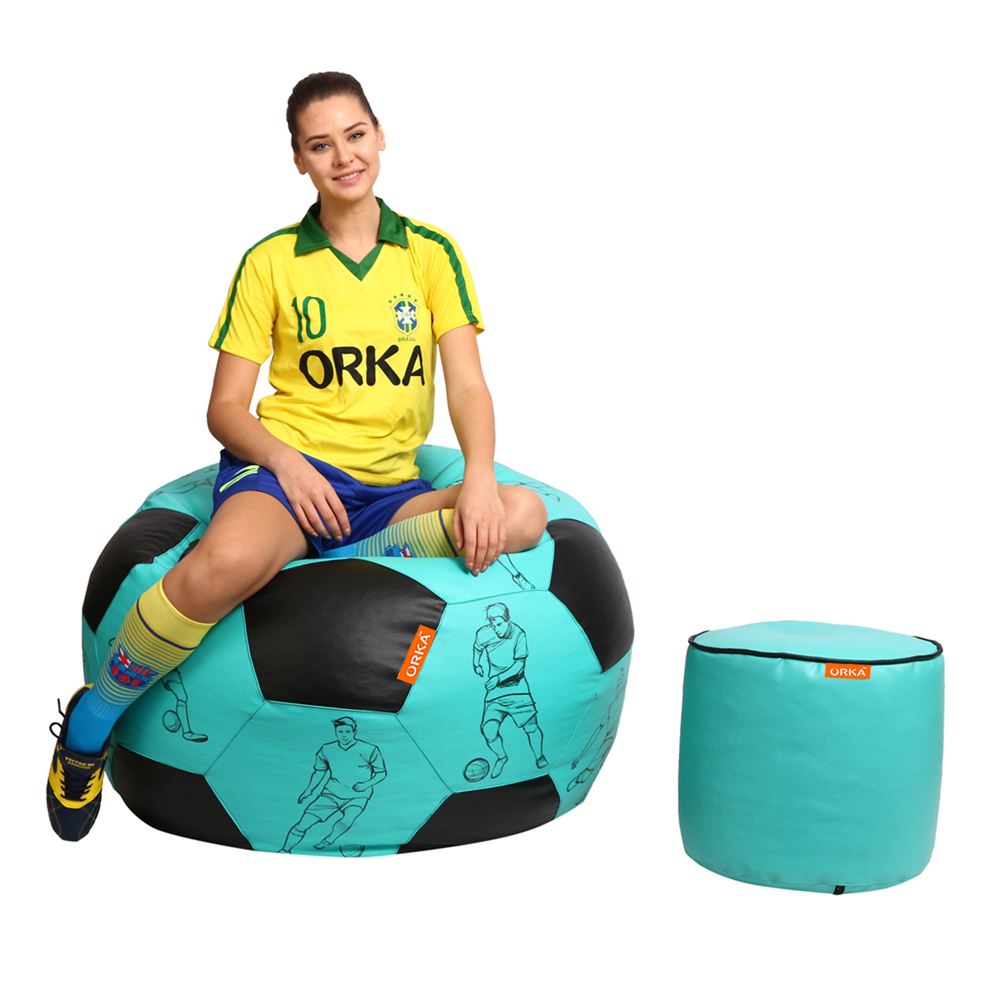 Orka Digital Printed XXXL Foorball With Mathching Footstool Filled Bean Bag With Beans (FB10 Teal,Black) view 4